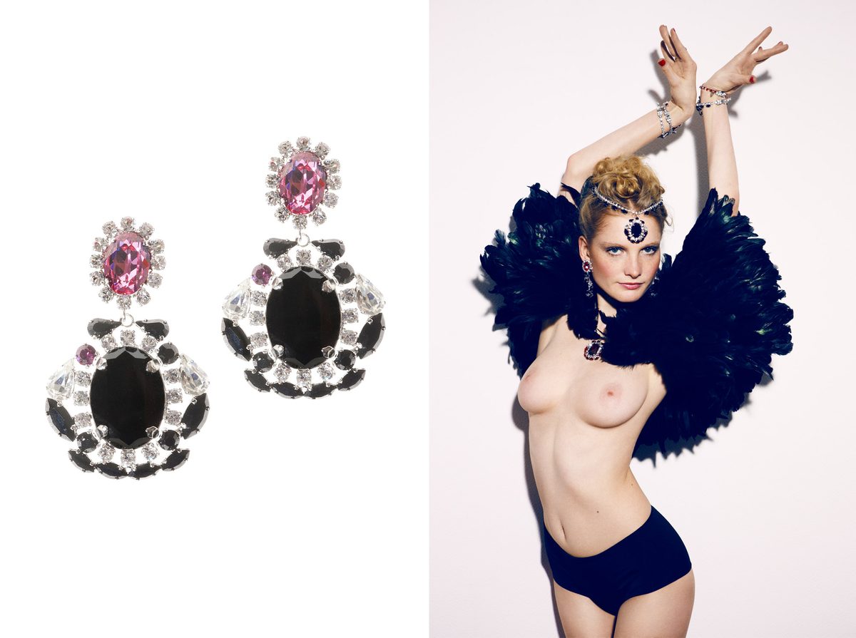 KORMELITZ Spring/Summer 2013: drop earrings in pink and black Swarovski crystal, styled with a black feather cape