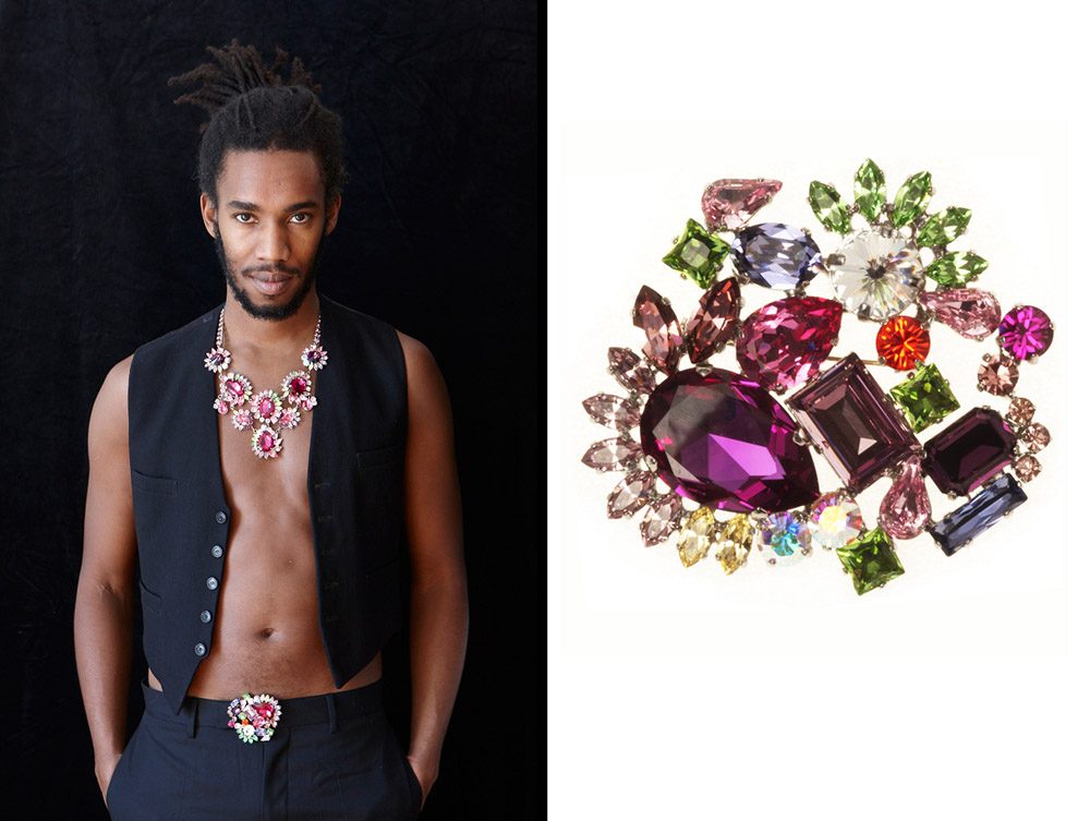 KORMELITZ Autumn/Winter 2012: multicolour Swarovski crystal cluster brooch, worn with a black waistcoat