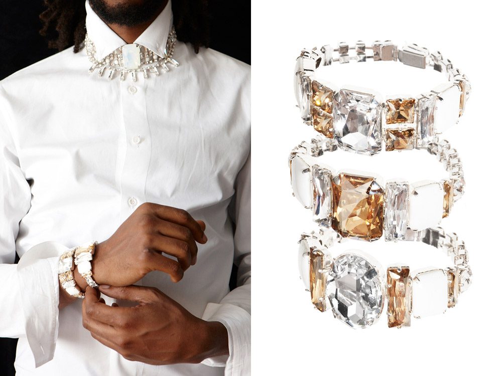 KORMELITZ Autumn/Winter 2012: champagne and clear Swarovski crystal bracelets, worn at the cuffs of a white shirt