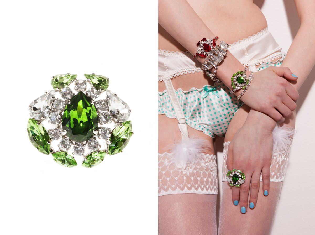 KORMELITZ Spring/Summer 2013: green Swarovski crystal cocktail ring, worn with Swarovski crystal bracelets and lace stockings