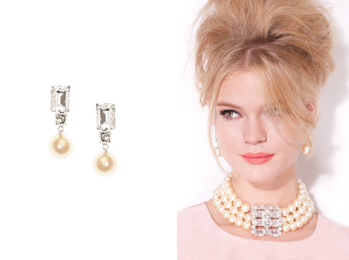 KORMELITZ Autumn/Winter 2013: clear Swarovski crystal and pearl drop earrings, worn with a triple-strand pearl choker