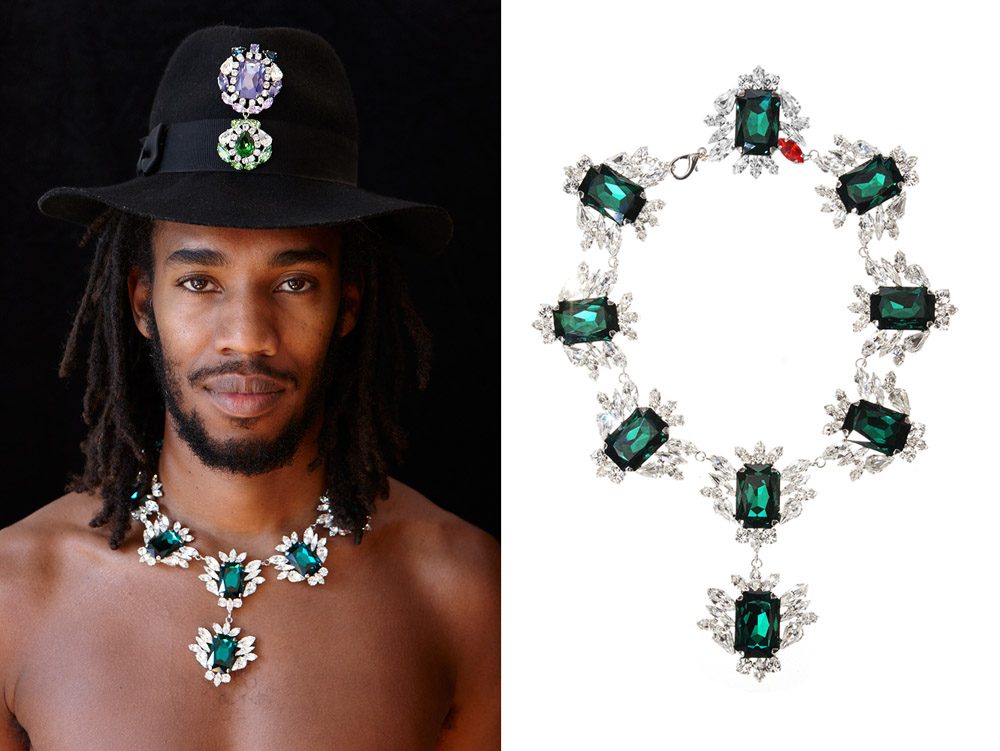 KORMELITZ Autumn/Winter 2012: emerald-green Swarovski crystal necklace, worn with a black hat and Swarovski crystal brooch