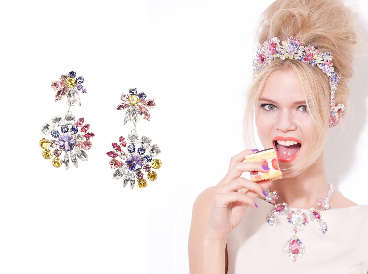 KORMELITZ Autumn/Winter 2013: flower earrings in pastel pink, lilac and yellow Swarovski crystal, with a matching Swarovski crystal headband