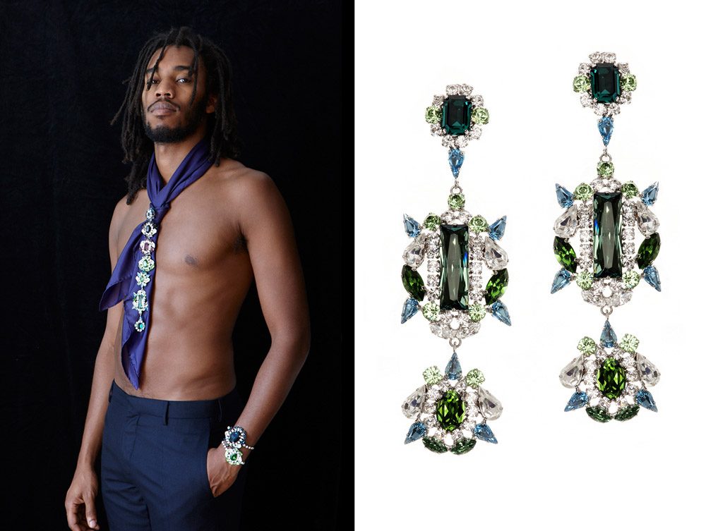 KORMELITZ Autumn/Winter 2012: long drop earrings in green and blue Swarovski crystal, worn with a purple silk scarf