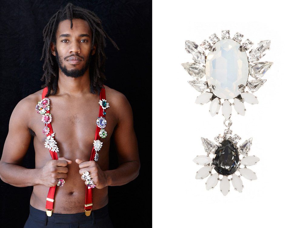 KORMELITZ Autumn/Winter 2012: opal-white and jet Swarovski crystal drop brooches, pinned to red braces