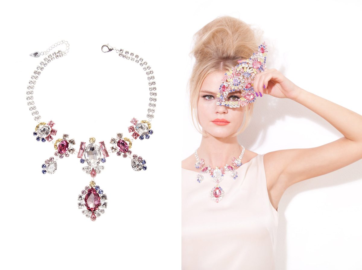 KORMELITZ Autumn/Winter 2013: necklace in pink and lilac Swarovski crystal, worn with a matching Swarovski crystal mask