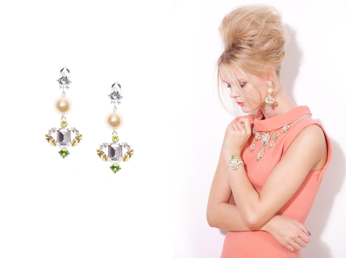 KORMELITZ Autumn/Winter 2013: pearl and Swarovski crystal drop earrings, worn with a coral shift dress