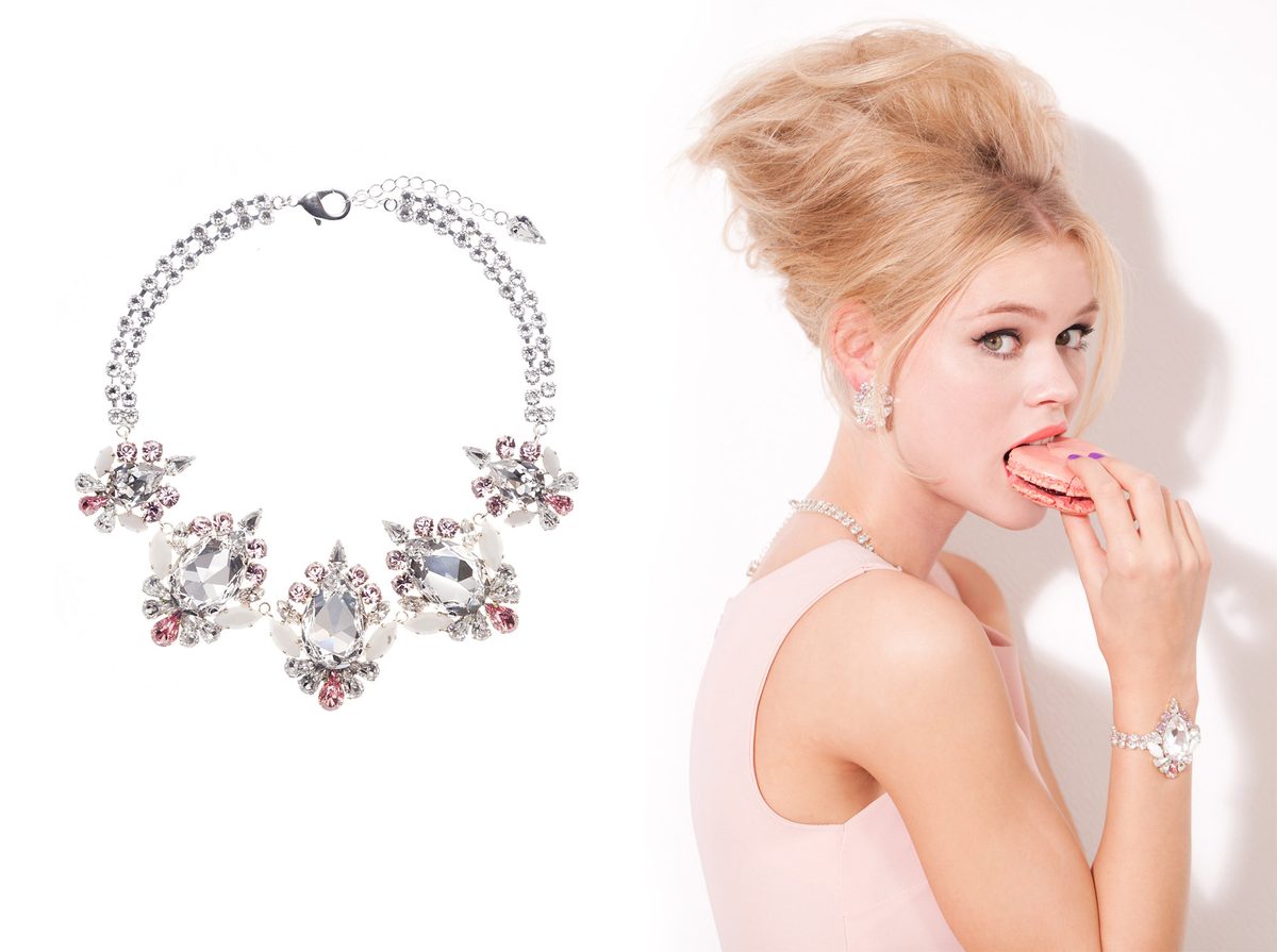 KORMELITZ Autumn/Winter 2013: statement necklace in clear and pink Swarovski crystal, worn with a pale pink dress
