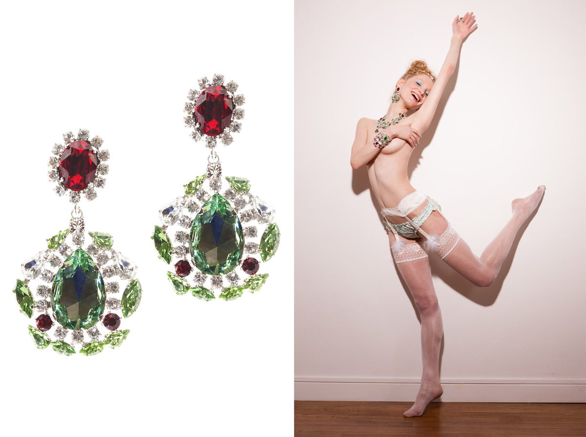 KORMELITZ Spring/Summer 2013: drop earrings in red and green Swarovski crystal, worn by a dancer mid-kick