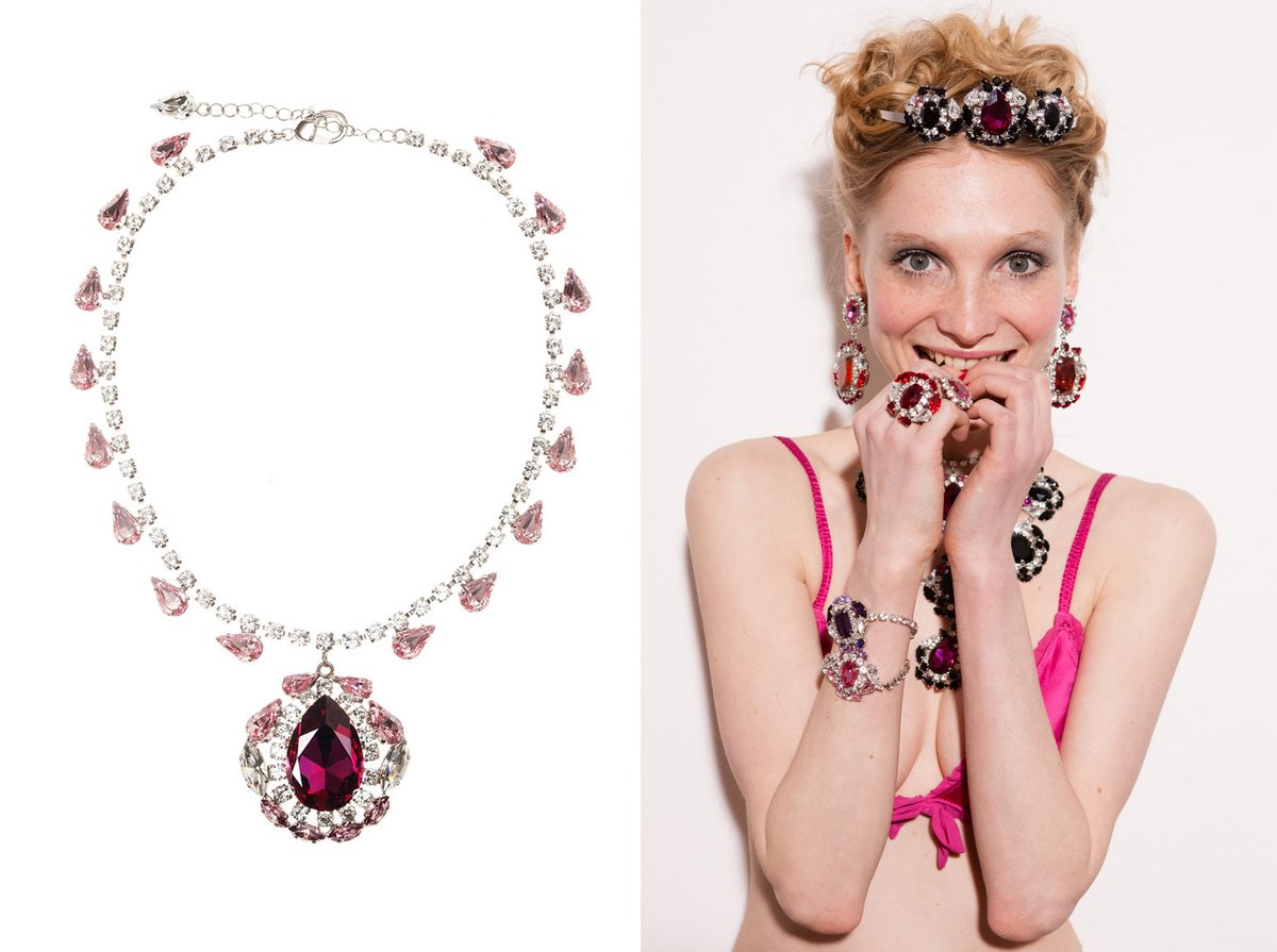 KORMELITZ Spring/Summer 2013: pink Swarovski crystal necklace with a ruby-red drop pendant, worn with pink lingerie