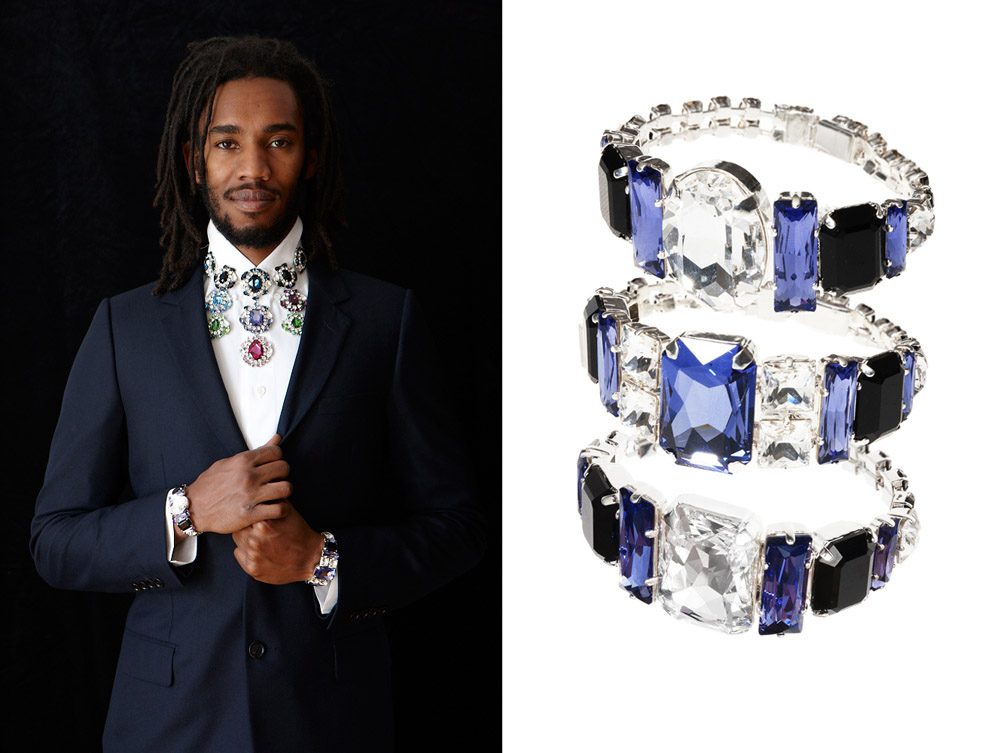 KORMELITZ Autumn/Winter 2012: stacked bracelets in sapphire, clear and black Swarovski crystal, worn with a navy suit